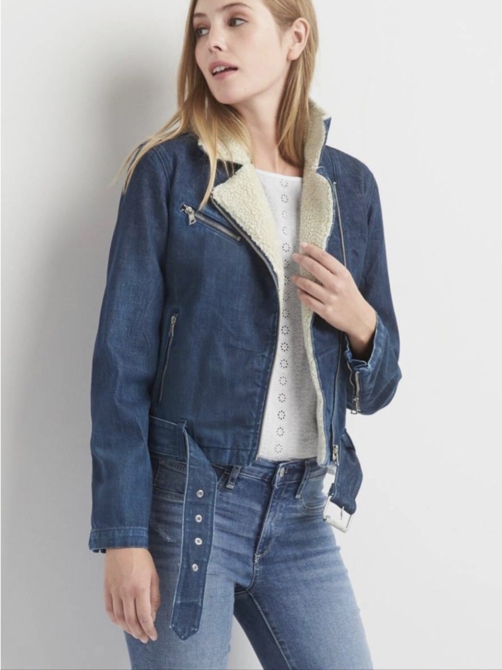 GAP Dark Blue Denim Jacket with Cream Sherpa Collar